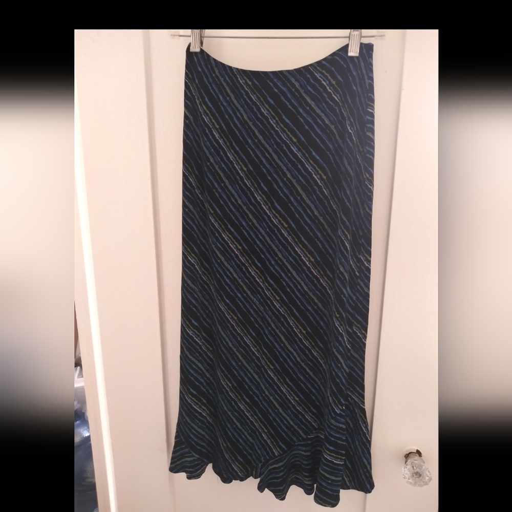 West End Petite Black Midi Skirt – Blue & Green Stripe, Flounce Hem